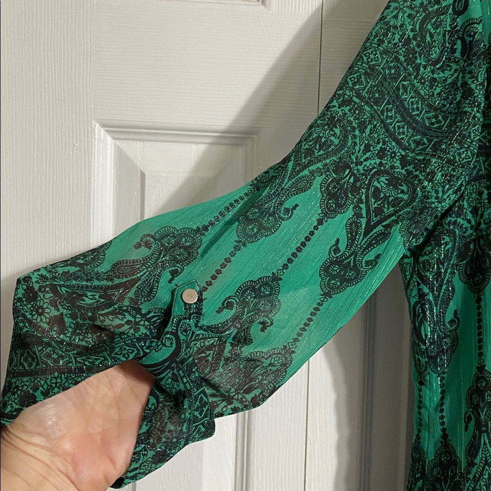 Rebecca Malone green & black festive blouse size LARGE - Picture 5 of 13